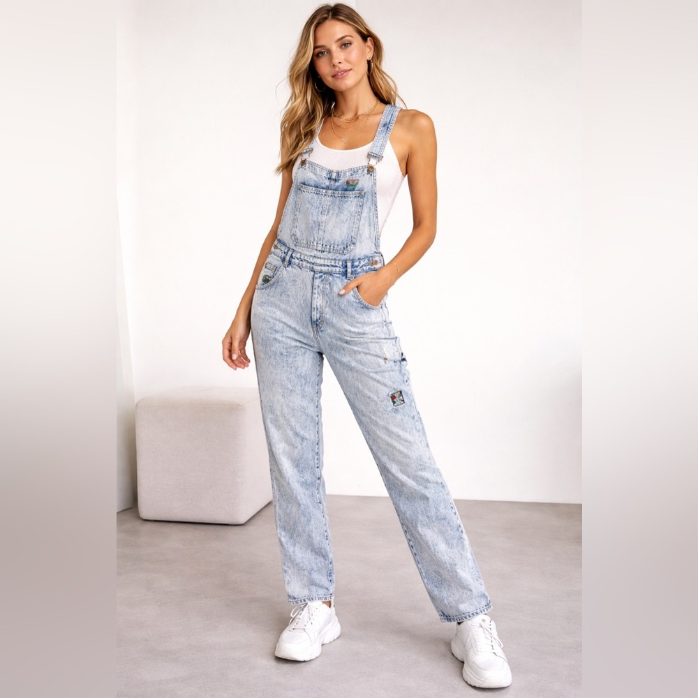 Deus Ex Machina acid wash denim overalls featuring the iconic Deus Records